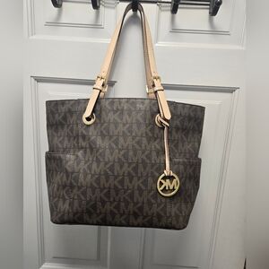 Michael Kors Jet Set Travel Large MK Signature Logo Tote Handbag Brown
